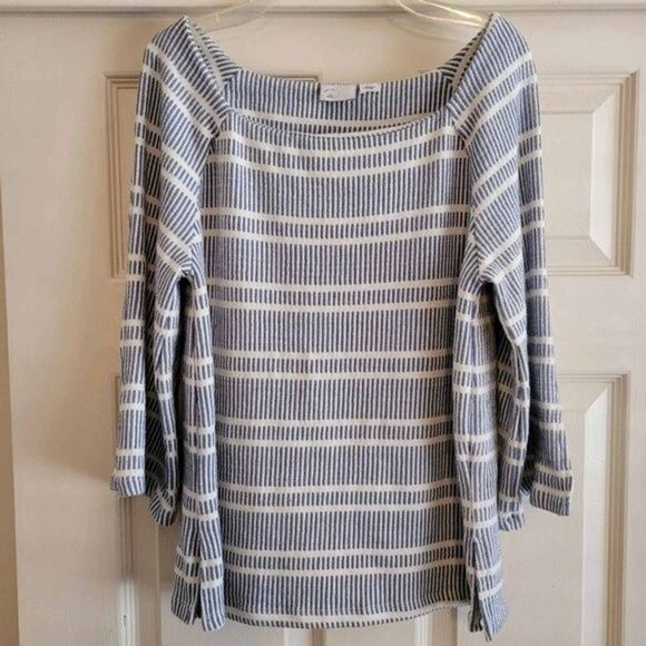 Anthropologie 9-h15 stcl Postmark Striped Bell Sleeve Blue White Top Size S - Picture 3 of 11